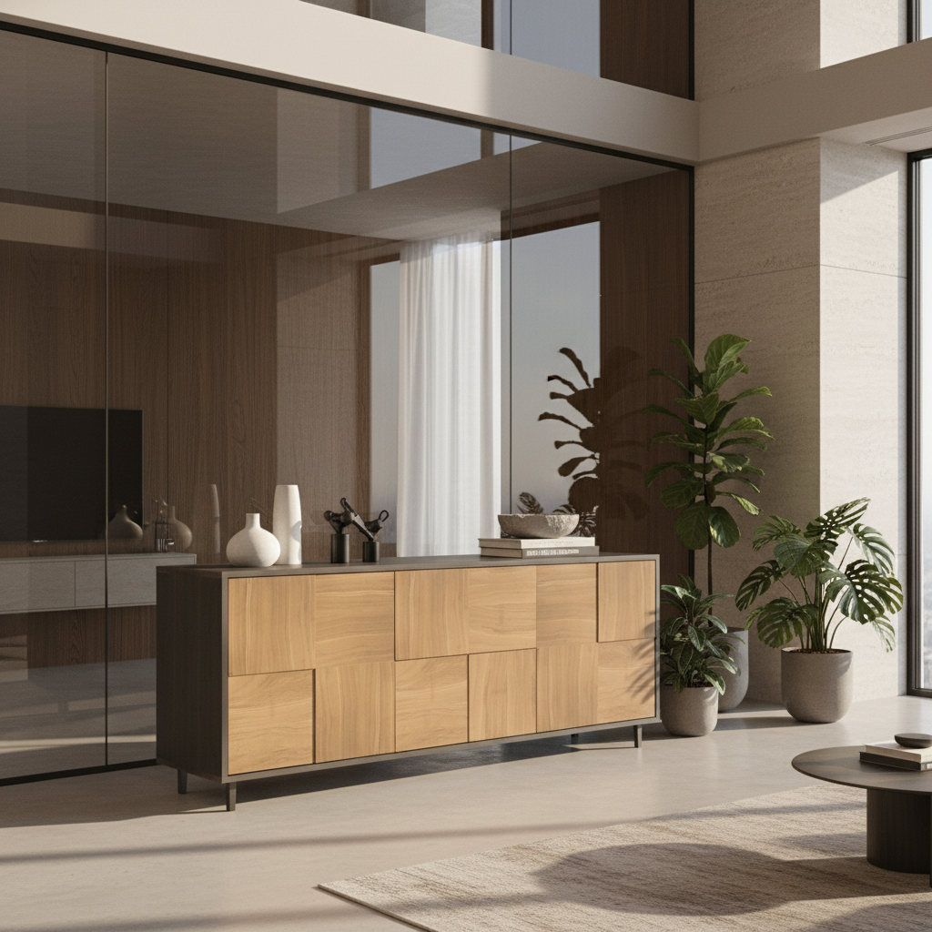 Modernes Eiche Sideboard "Mosaik" von Wildwuchs-Möbel, 180cm, natur/Schwarz geölt, elegantes Stauraummöbel