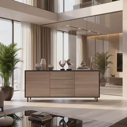 Sideboard "schmale Fuge" by Wildwuchs-Möbel in black and white, showcasing premium oak design, 180cm length.