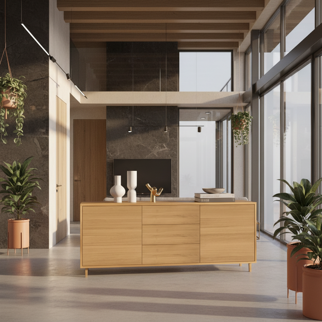 Natural oak sideboard "schmale Fuge" by Wildwuchs-Möbel, 180cm, showcasing its sleek design and premium finish.