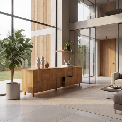 Modernes Wildwuchs-Möbel Sideboard "Mosaik" aus rustikaler Eiche, natur geölt, 240cm breit, stilvoll und langlebig.