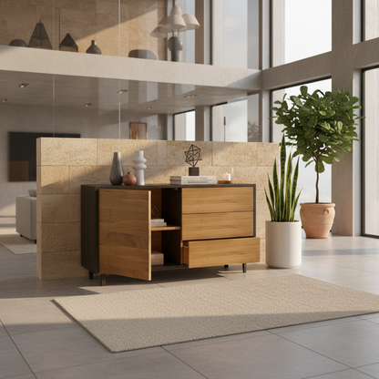 Moderner Eiche Sideboard "schmale Fuge" von Wildwuchs-Möbel, natur und schwarz geölt, 120cm breit, stilvolles Möbelstück