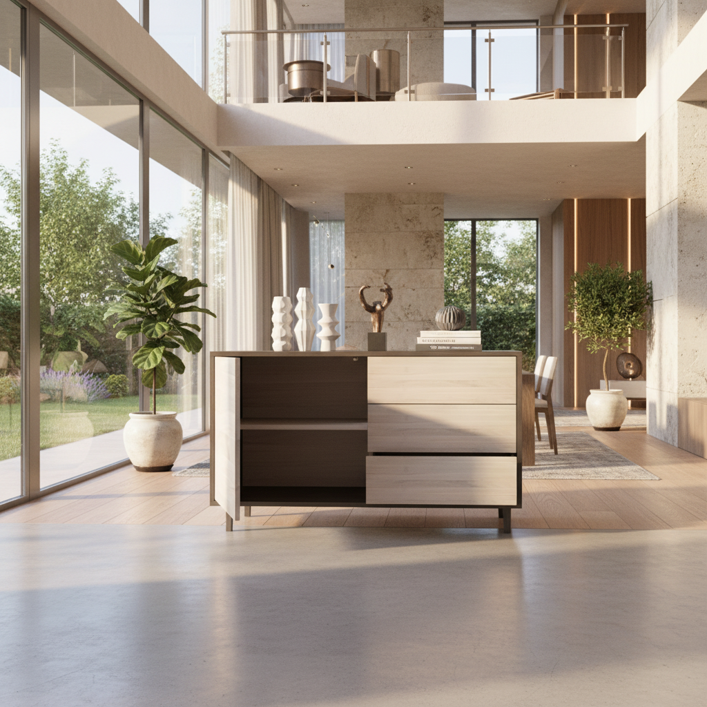 Modernes Sideboard "schmale Fuge" aus Eiche von Wildwuchs-Möbel, schwarz/weiß geölt, 120 cm breit, klar und stilvoll gestaltet.