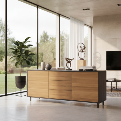 Natural oak and black oiled sideboard "schmale Fuge" by Wildwuchs-Möbel, 180cm, showcasing modern design and fine craftsmanship.
