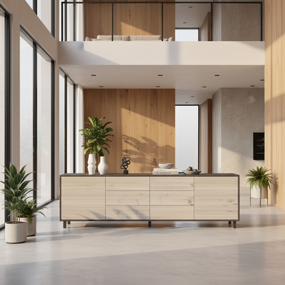 Sideboard "schmale Fuge" in rustic oak with black and white finish, showcasing sleek design and elegant lines.