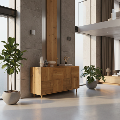 Sideboard "Mosaik" in rustic oak, natural oiled finish, 120cm, showcasing its unique design and texture.