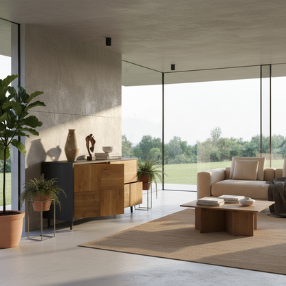 Rustikales Eiche Sideboard "Mosaik" von Wildwuchs-Möbel, natur/Schwarz geölt, 120cm breit, modernes Design, klare Linien