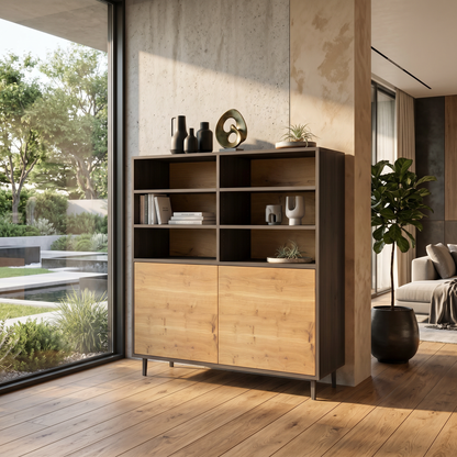 Moderner Highboard aus rustikaler Eiche, schmal mit schwarzen Fugen, 120cm breit, von Wildwuchs-Möbel, natur- und schwarz geölt.