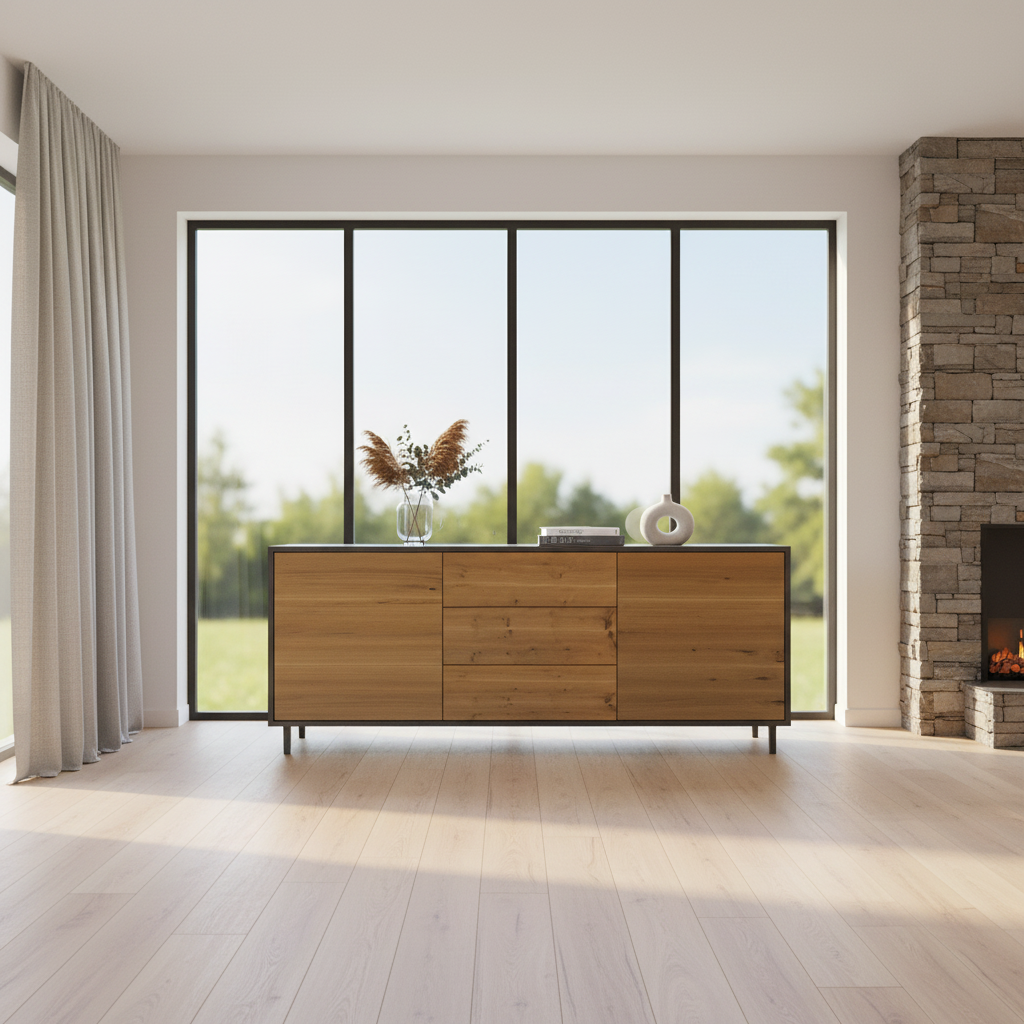 Rustic oak sideboard "schmale Fuge" in natural and black oil finish, 180cm long, displayed in a bright living room setting.