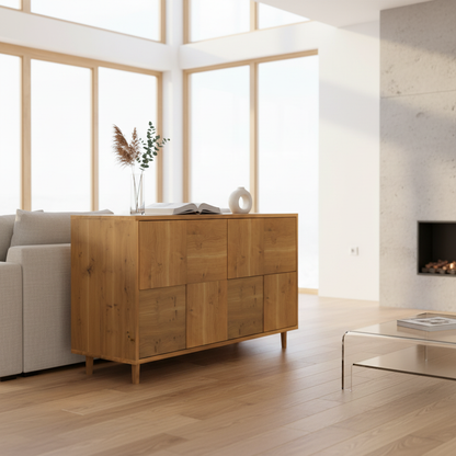 Sideboard "Mosaik" in rustic oak, natural oiled finish, 120cm, showcased in a bright living room setting.