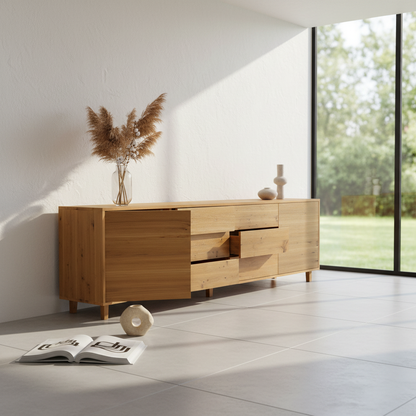 Sideboard "schmale Fuge" in rustic oak with natural oil finish, centrally positioned in a bright living space.