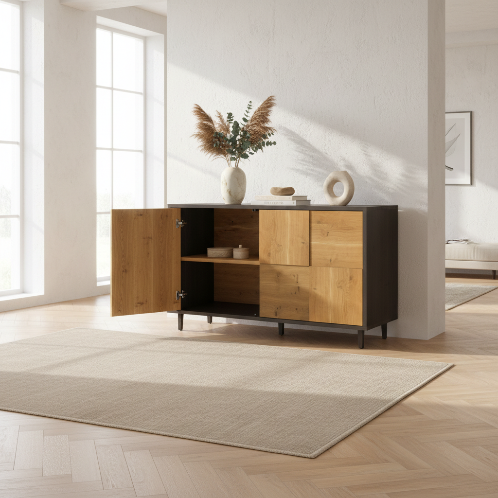 Modernes Sideboard "Mosaik" aus rustikaler Eiche, natur/Schwarz geölt, hochwertig verarbeitet, 120 cm breit, zentral im hellen Wohnzimmer.