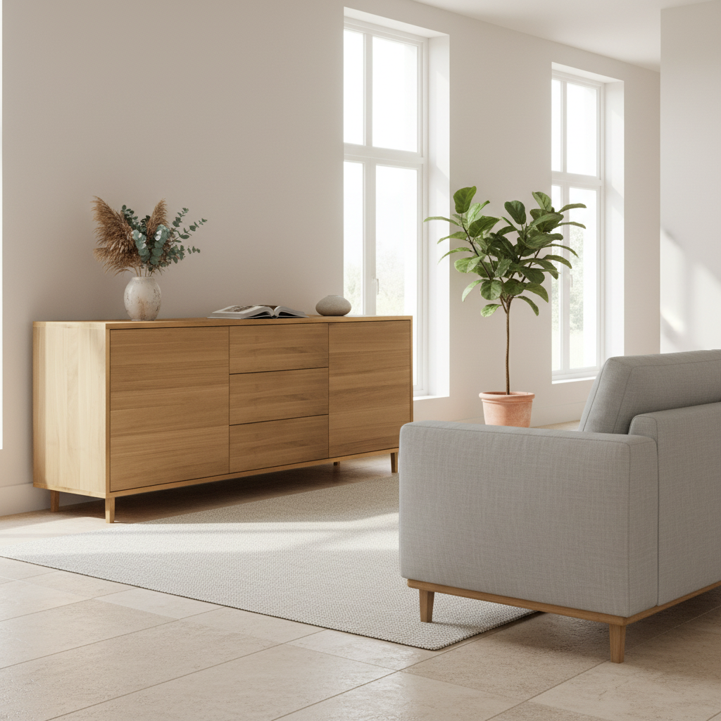 Premium oak sideboard "schmale Fuge" by Wildwuchs-Möbel, showcasing a natural oil finish in a bright living space.