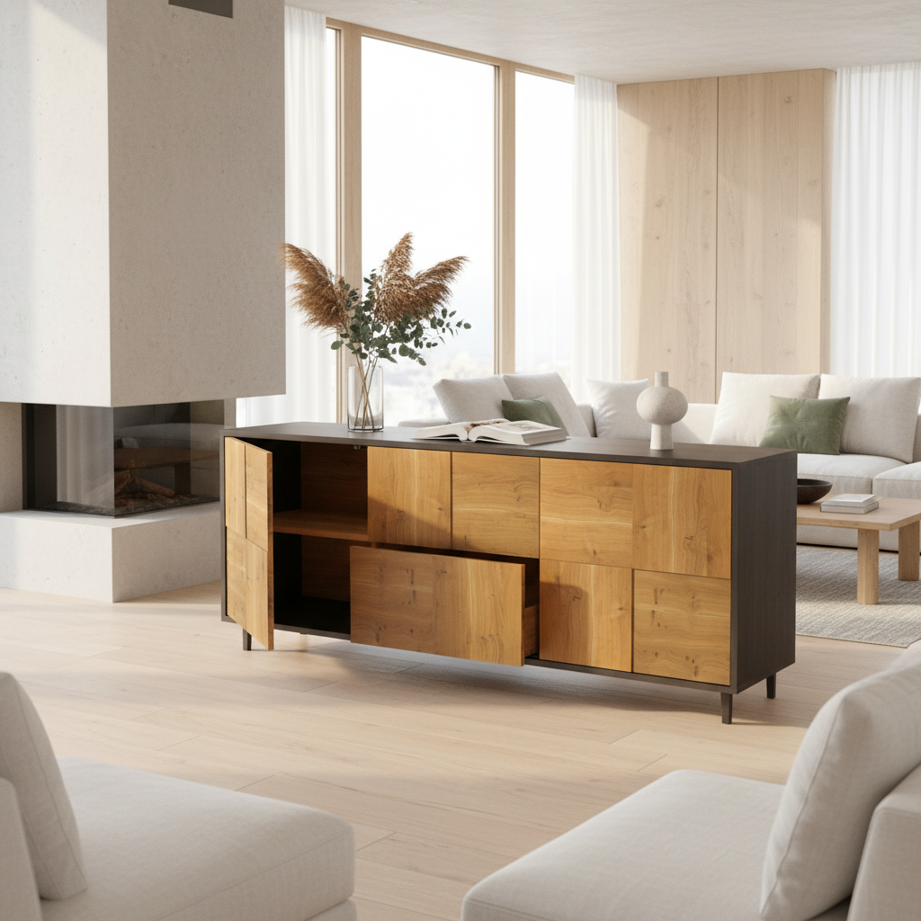 Moderner Sideboard "Mosaik" aus rustikaler Eiche, natur/geölt und schwarz, mit 180 cm Breite, hochwertig verarbeitet.