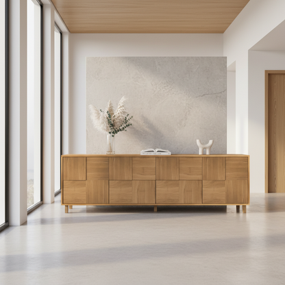 Modernes Eiche Sideboard "Mosaik" von Wildwuchs-Möbel, naturgeölt, 240cm, hochwertig verarbeitet, steht zentral in hellem Wohnzimmer