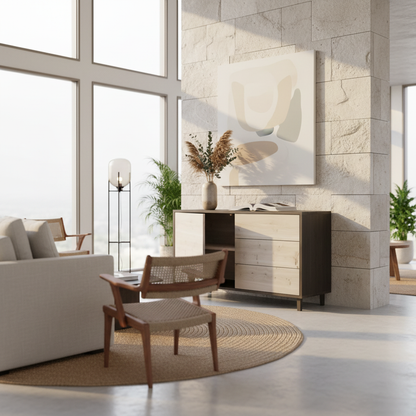 Modernes Eichen-Sideboard "schmale Fuge" von Wildwuchs-Möbel, schwarz/weiß geölt, 120cm breit, hochwertig verarbeitet.