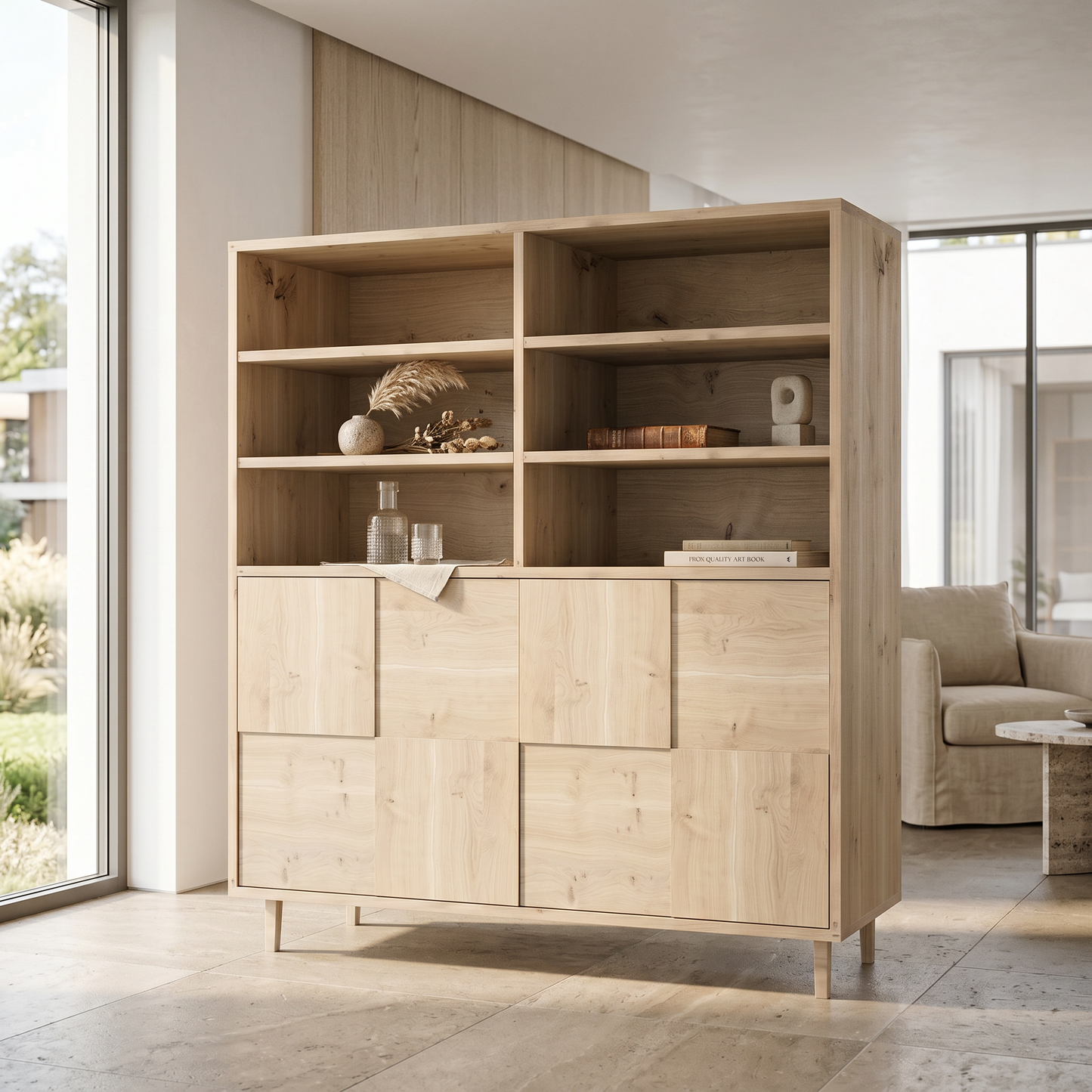Moderner Eichen-Highboard Wildwuchs-Möbel mit rustikaler Mosaik-Optik, geölt, 120cm breit, stilvoll im hellen Wohnzimmer platziert