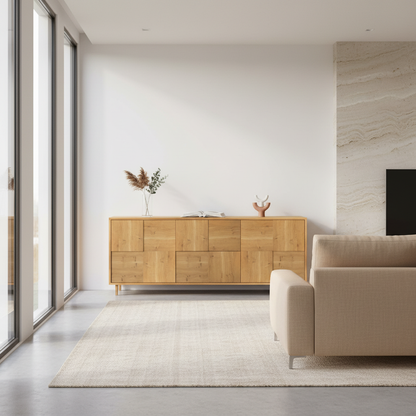 Modernes Eichen-Sideboard "Mosaik" von Wildwuchs-Möbel, naturgeölt, 180cm breit, hochwertig verarbeitet, steht in hellem Wohnraum.