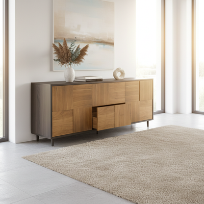 Modernes Eiche Sideboard "Mosaik" von Wildwuchs-Möbel, natur/Schwarz geölt, 180cm breit, hochwertig verarbeitet.