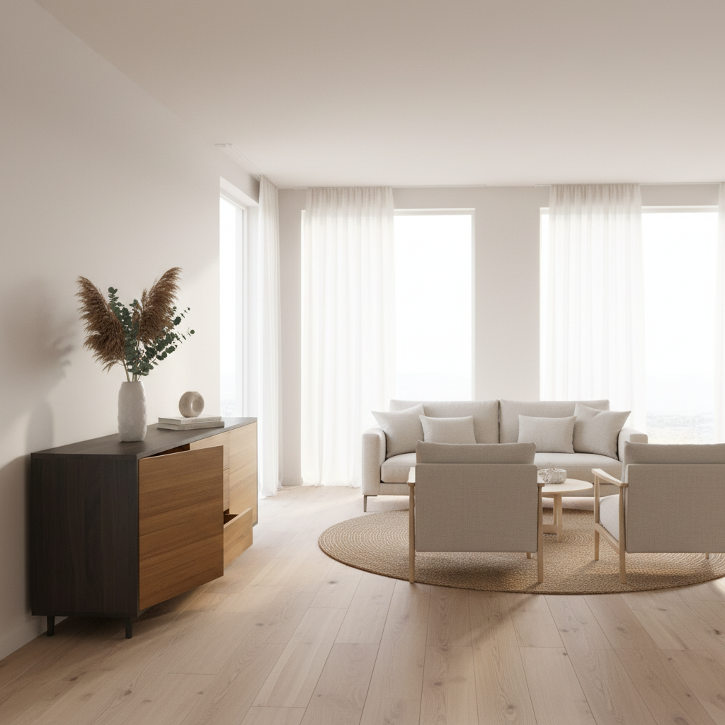 Sideboard "schmale Fuge" in oak, natural and black finish, showcasing its sleek design in a bright living room setting.