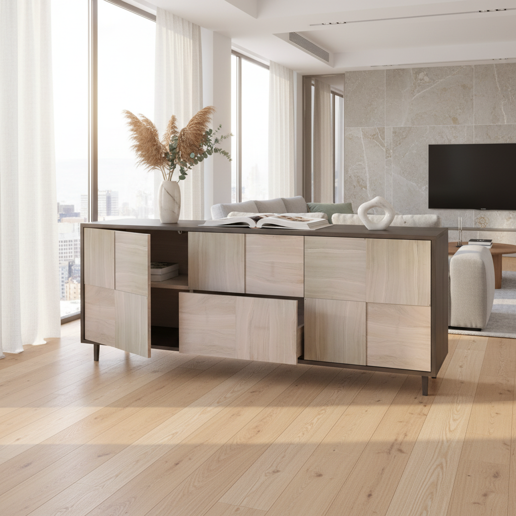 Modernes Sideboard "Mosaik" aus Eiche von Wildwuchs-Möbel, schwarz/weiß geölt, 180cm breit, hochwertig verarbeitet in hellem Wohnraum