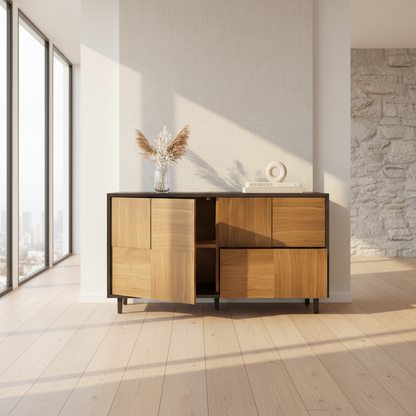 Modernes Wildwuchs-Möbel Sideboard "Mosaik" aus Eiche, natur/Schwarz geölt, 120cm breit, hochwertig verarbeitet, zentral im Raum.