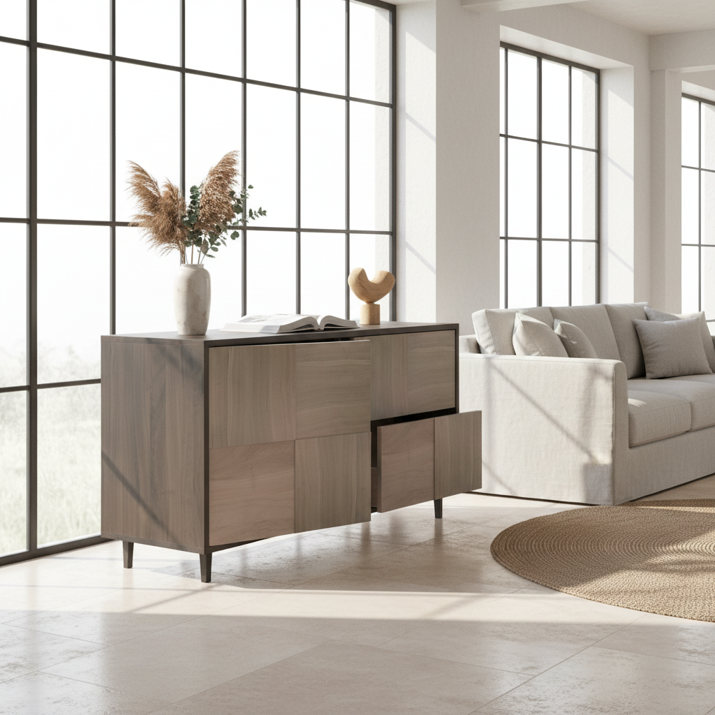 Moderner Wildwuchs-Möbel Sideboard "Mosaik" aus Eiche, schwarz/weiß geölt, 120cm breit, hochwertig verarbeitet, zentral im hellen Wohnzimmer.