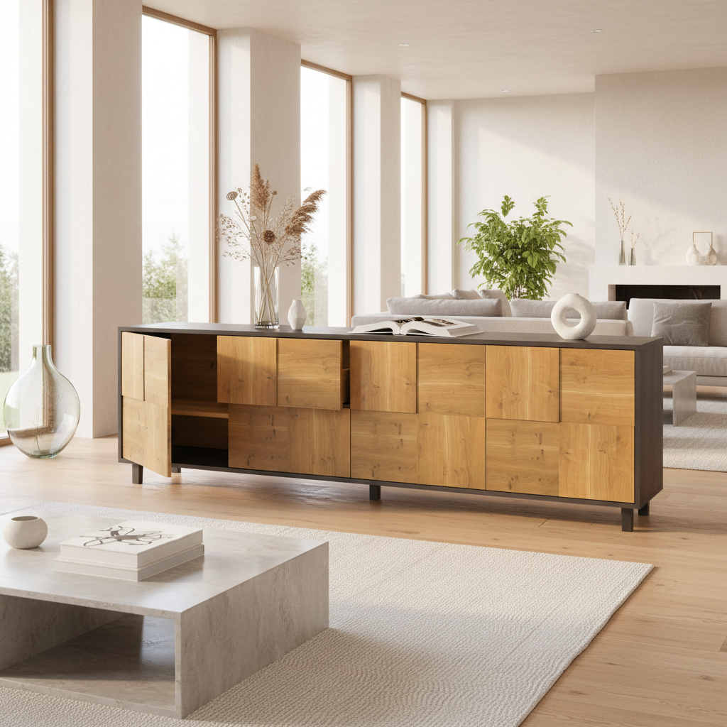 Hochwertiges Sideboard "Mosaik" aus Eiche Rustikal und Schwarz geölt, 240cm lang, modernes Design, Wildwuchs-Möbel