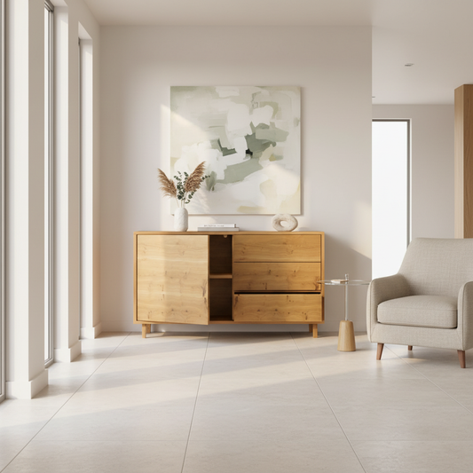 Rustic oak sideboard "schmale Fuge" by Wildwuchs-Möbel, 120cm, featuring a natural oil finish in a bright living space.