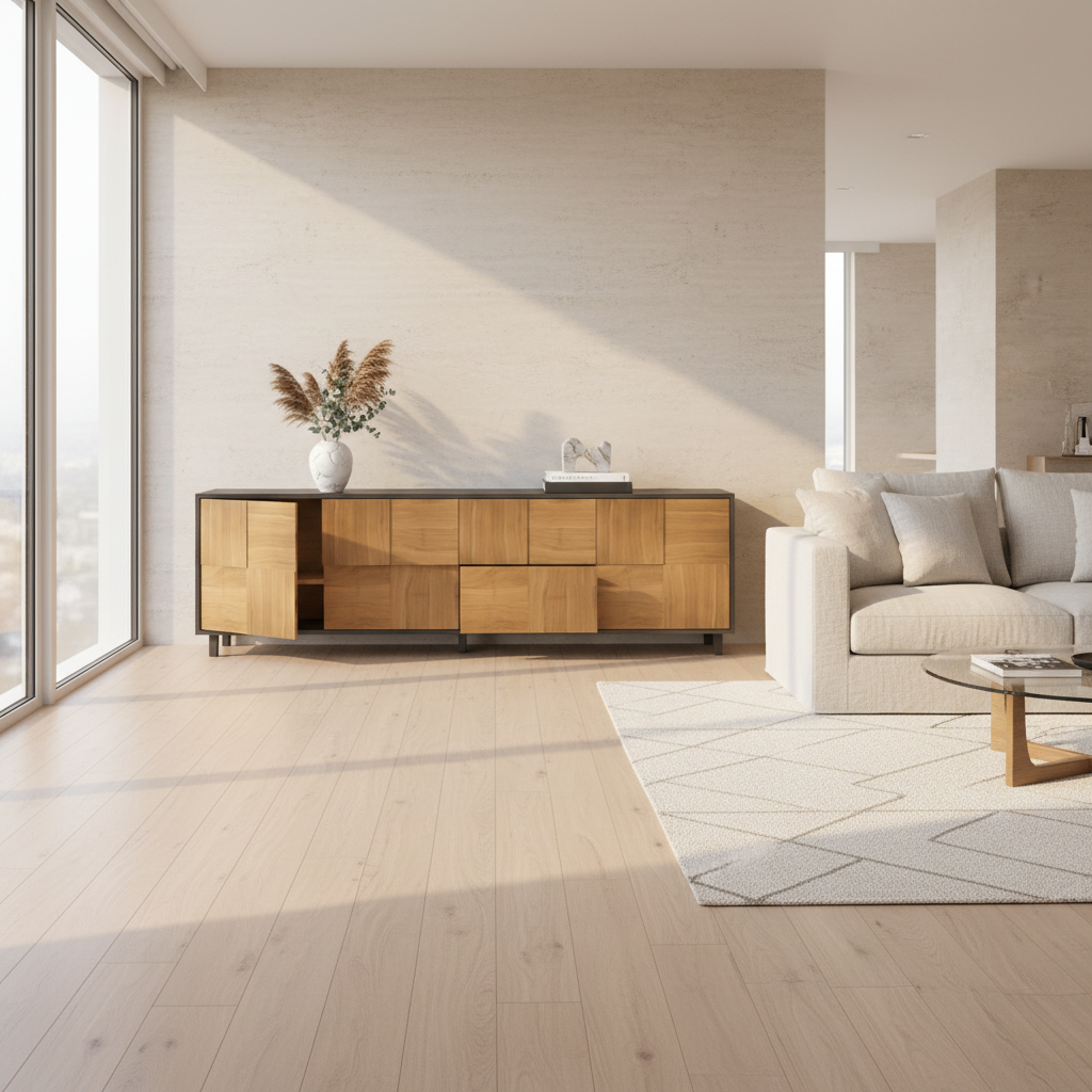 Modernes Sideboard "Mosaik" aus Eiche von Wildwuchs-Möbel, natur und schwarz geölt, 240 cm lang, hochwertig verarbeitet.