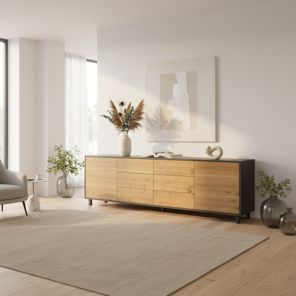 Rustic oak sideboard "schmale Fuge" in natural and black oil finish, 240cm, by Wildwuchs-Möbel in a bright living room.