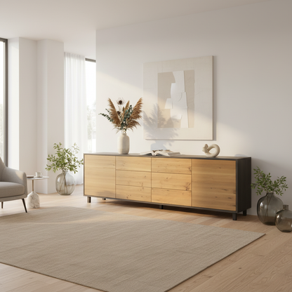 Rustic oak sideboard "schmale Fuge" in natural and black oil finish, 240cm, by Wildwuchs-Möbel in a bright living room.