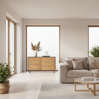 Modernes Sideboard "schmale Fuge" aus Eiche, hochwertig verarbeitet, in Natur und Schwarz geölt, 120cm breit, von Wildwuchs-Möbel