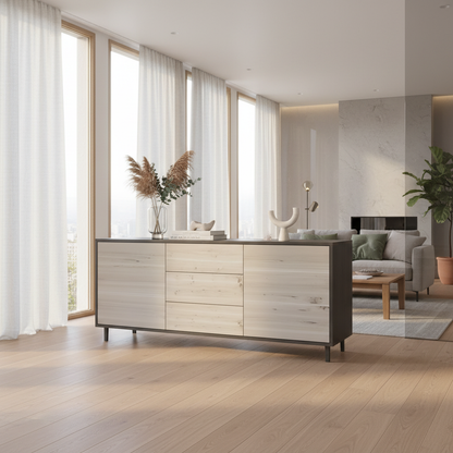 Sideboard "schmale Fuge" by Wildwuchs-Möbel in rustic oak, black and white, 180cm, displayed in a bright living room.