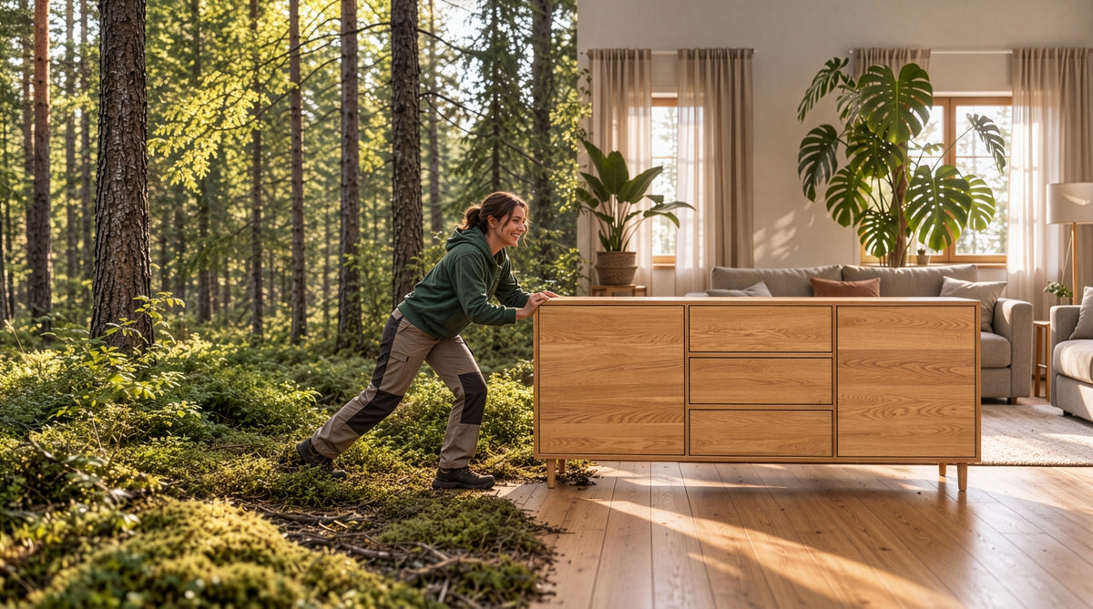 Frau_schiebt_Wildwuchs_Moebel_Sideboard_aus_Eiche_ins_Wohnzimmer_Hero_Bild_desktop_2
