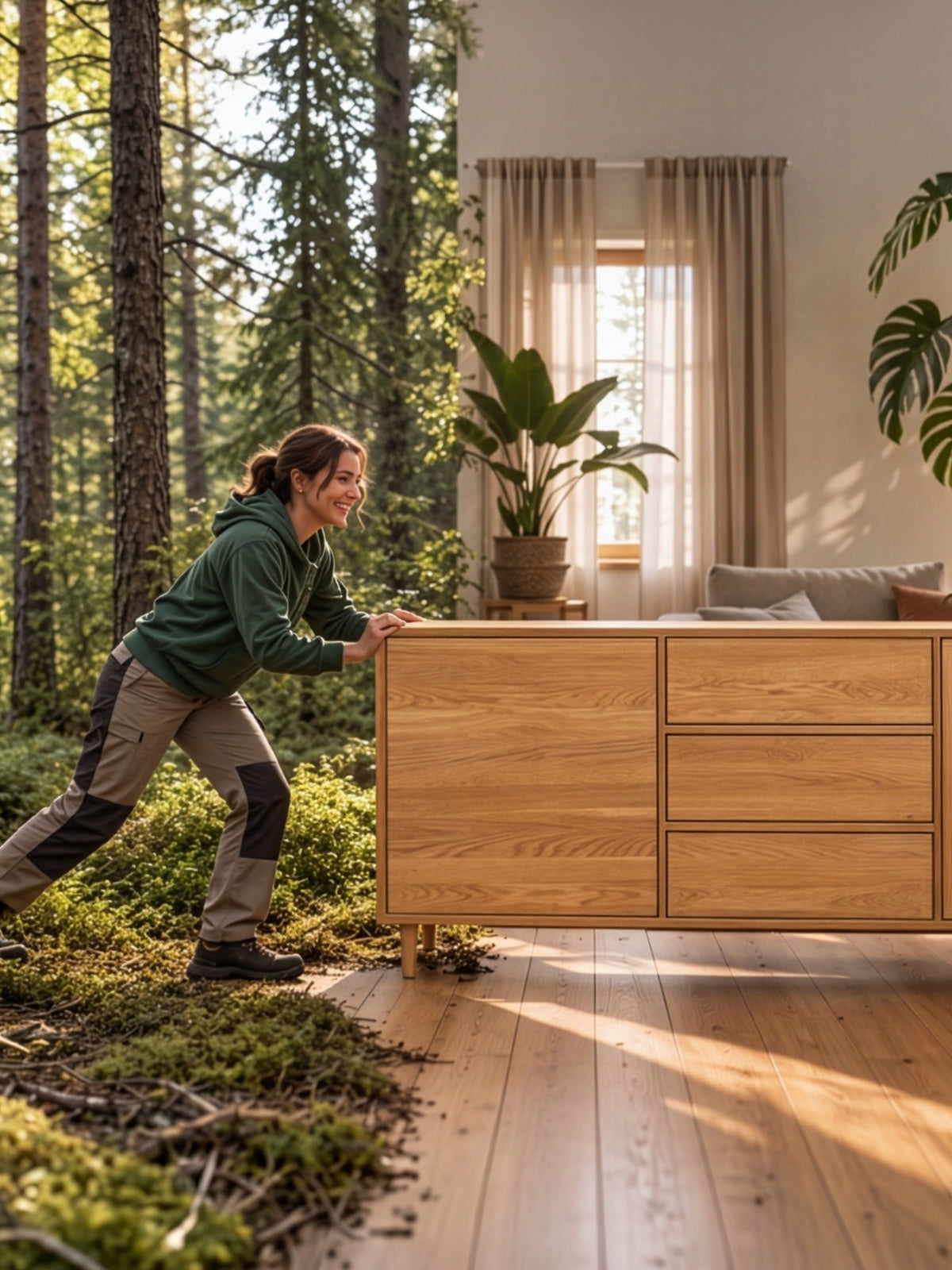 Frau_schiebt_Wildwuchs_Moebel_Sideboard_aus_Eiche_ins_Wohnzimmer_Hero_Bild_mobil_2