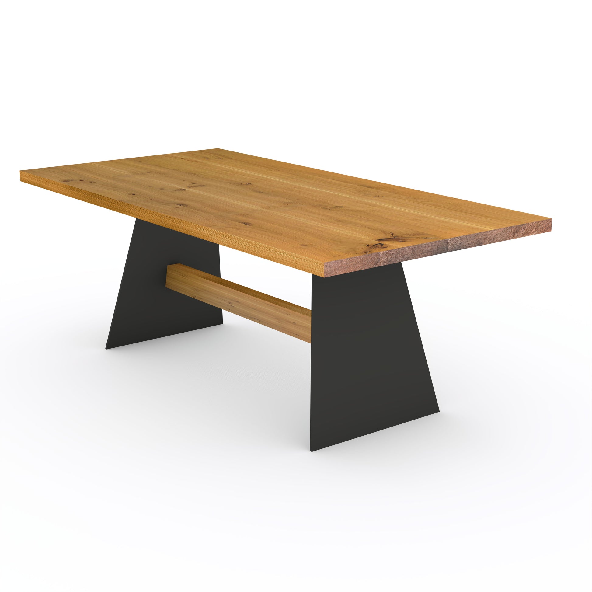 Rustic oak dining table by Wildwuchs-Möbel with solid wood crossbeam base and natural waxed finish.