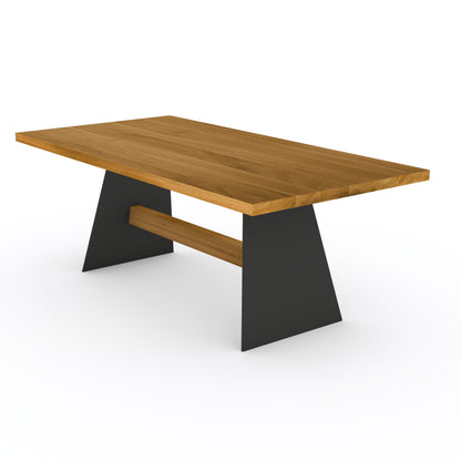 Esstisch aus gewachster Eiche mit stabilen Querträgern aus massivem Stahl und Holz von Wildwuchs-Möbel.