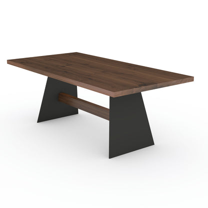 Rustic brown oak dining table by Wildwuchs-Möbel with a sturdy wooden and steel crossbeam base.