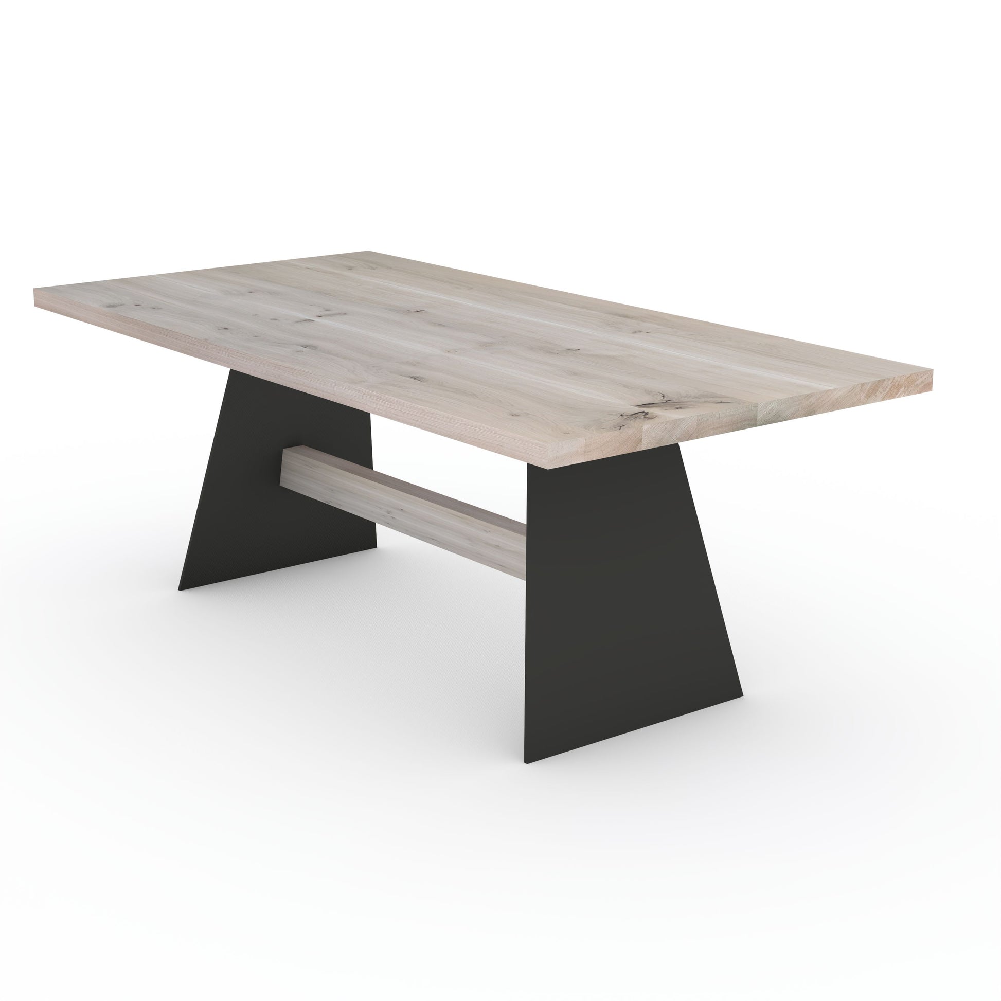 Rustic gray oak dining table by Wildwuchs-Möbel featuring a sturdy wood and steel crossbeam base.