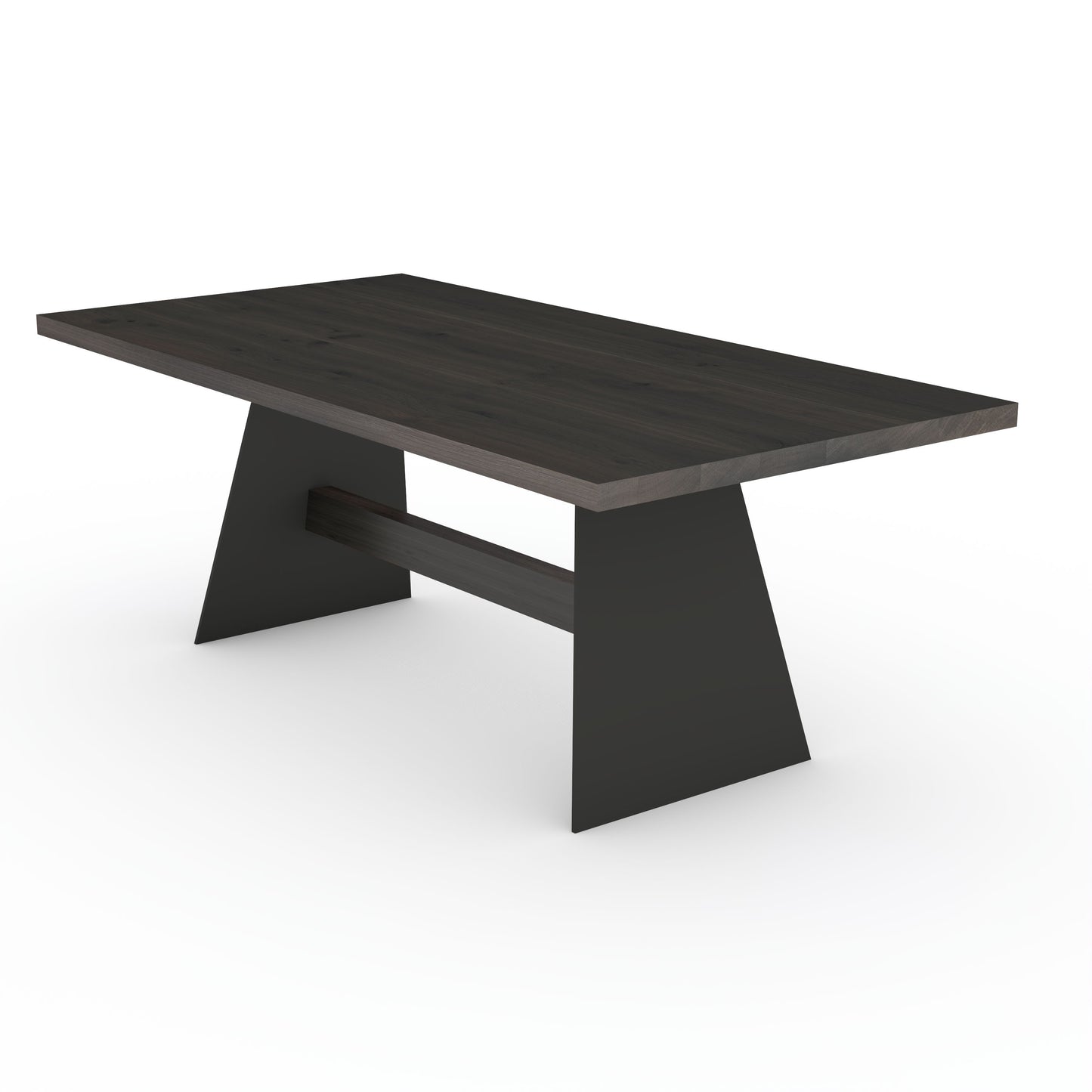Rustic black oak dining table by Wildwuchs-Möbel with sturdy wooden cross-support and steel legs.