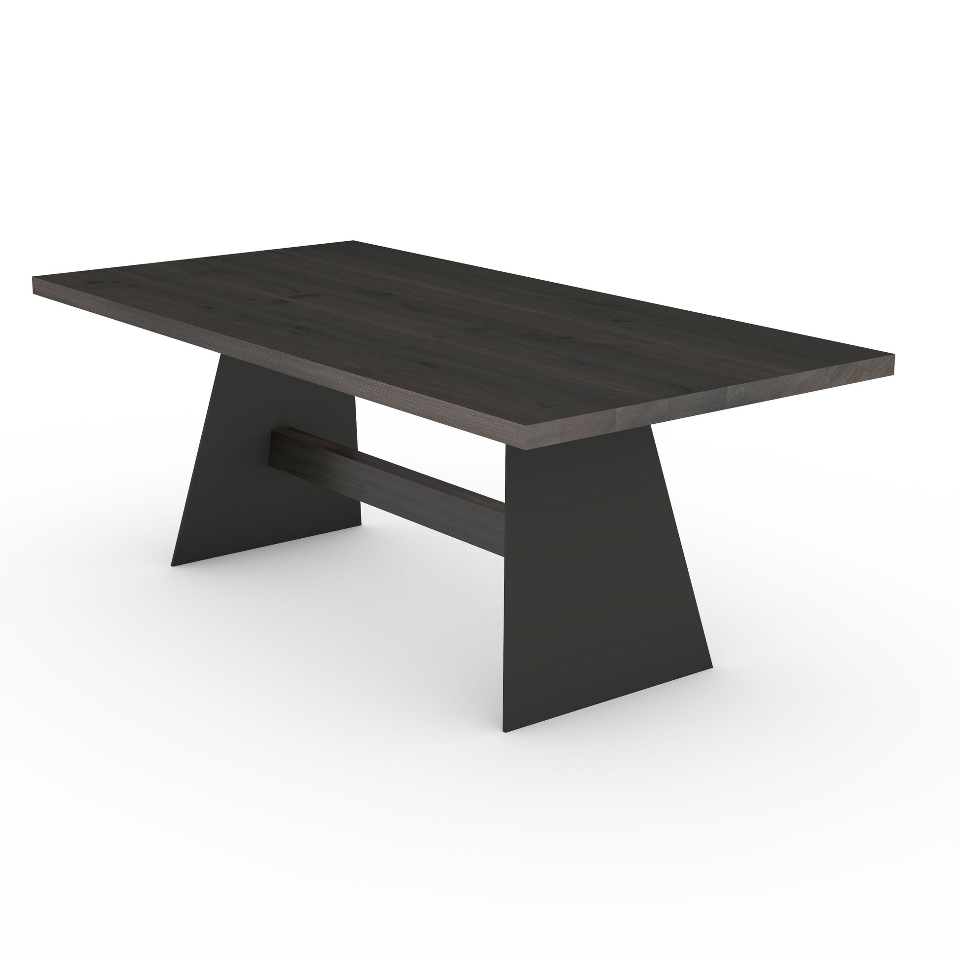 Rustic black oak dining table by Wildwuchs-Möbel with sturdy wooden cross-support and steel legs.