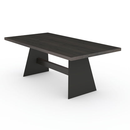 Rustic black oak dining table by Wildwuchs-Möbel with sturdy wooden cross-support and steel legs.