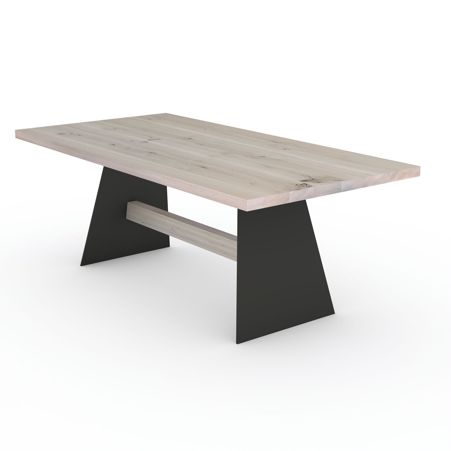 Rustic white oak dining table by Wildwuchs-Möbel with wooden cross brace and sturdy steel legs.