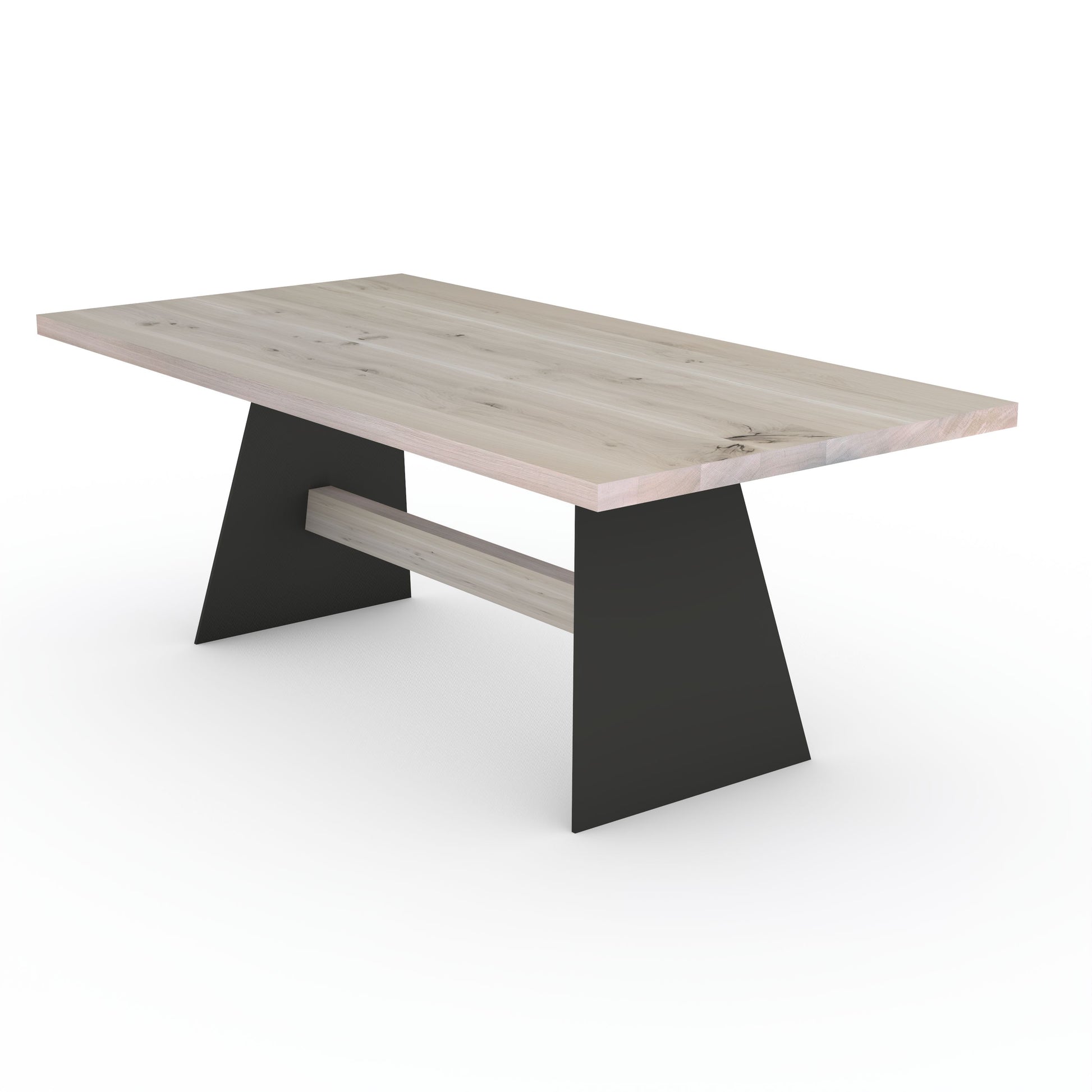 Rustic white oak dining table by Wildwuchs-Möbel with wooden cross brace and sturdy steel legs.