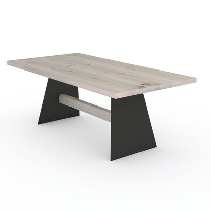 Rustic white oak dining table by Wildwuchs-Möbel with wooden cross brace and sturdy steel legs.