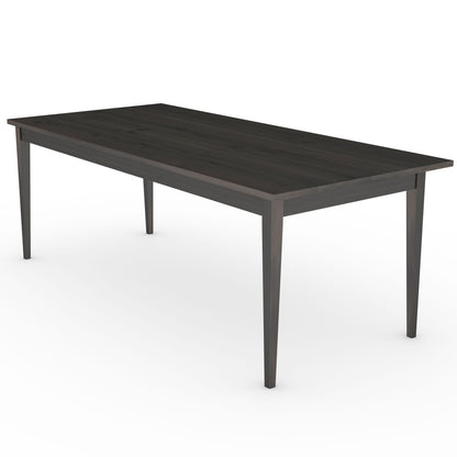Rustikaler Esstisch aus Eiche mit schwarzer Ölung und schlankem Holzfuß von Wildwuchs-Möbel, naturbelassenes Design.