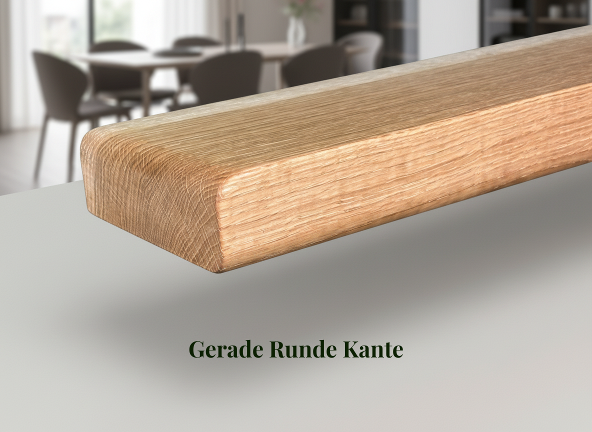 Esstisch von Wildwuchs-Möbel aus Eiche, natur geölt, mit U-förmigem Fuß und geraden, runden Kanten.