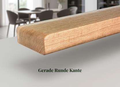 Esstisch von Wildwuchs-Möbel aus Eiche, natur geölt, mit U-förmigem Fuß und geraden, runden Kanten.