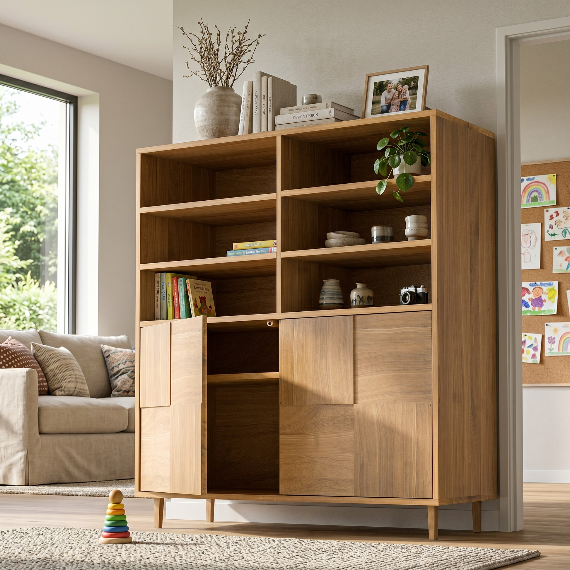 Hochschrank aus Eiche mit Mosaik-Design, natur geölt, 120 cm breit, Wildwuchs-Möbel, modernes Möbelstück für Wohnzimmer