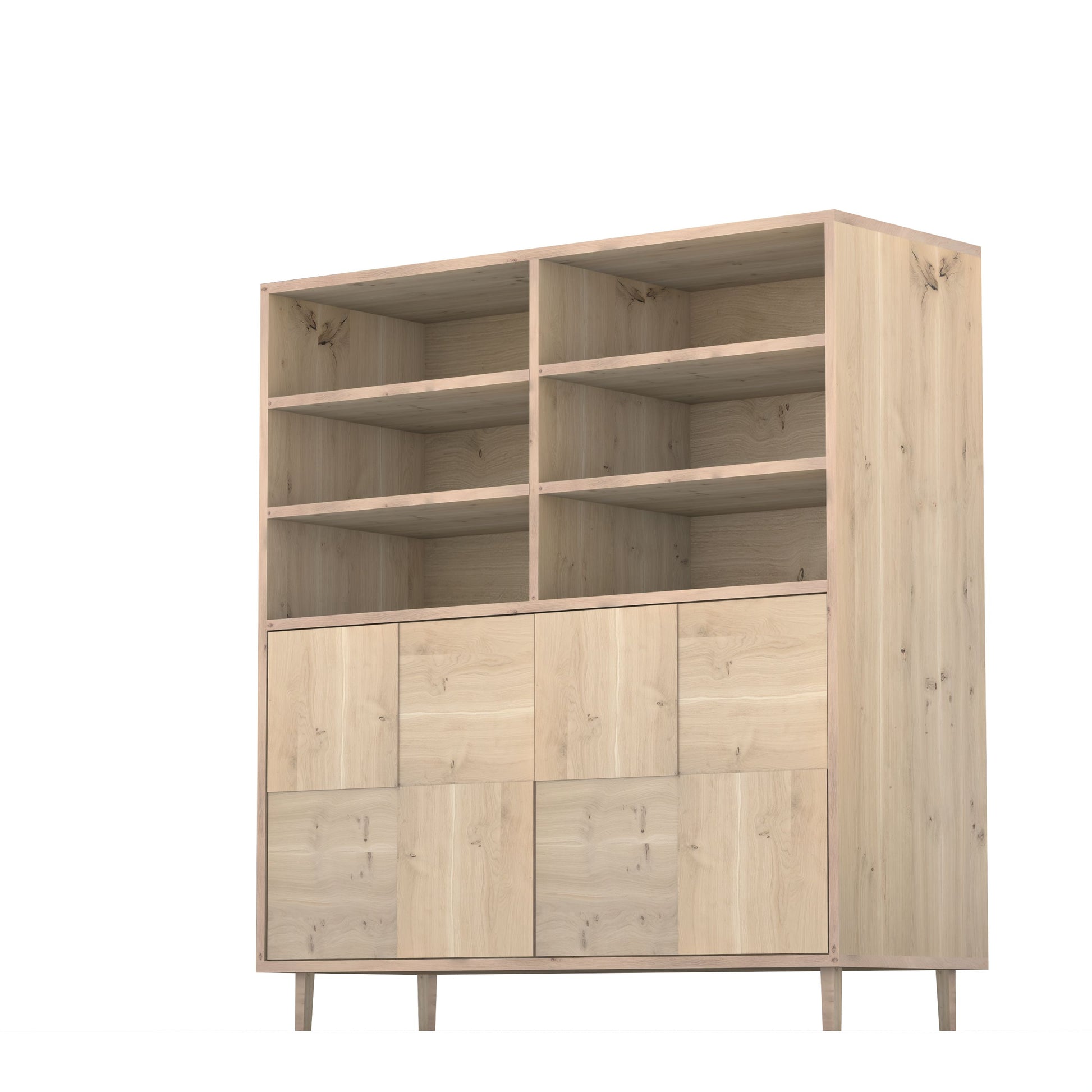 Rustikaler Eichen-Highboard von Wildwuchs-Möbel mit Mosaik-Design, 120 cm breit, sichtbar geölt und modern gestaltet.